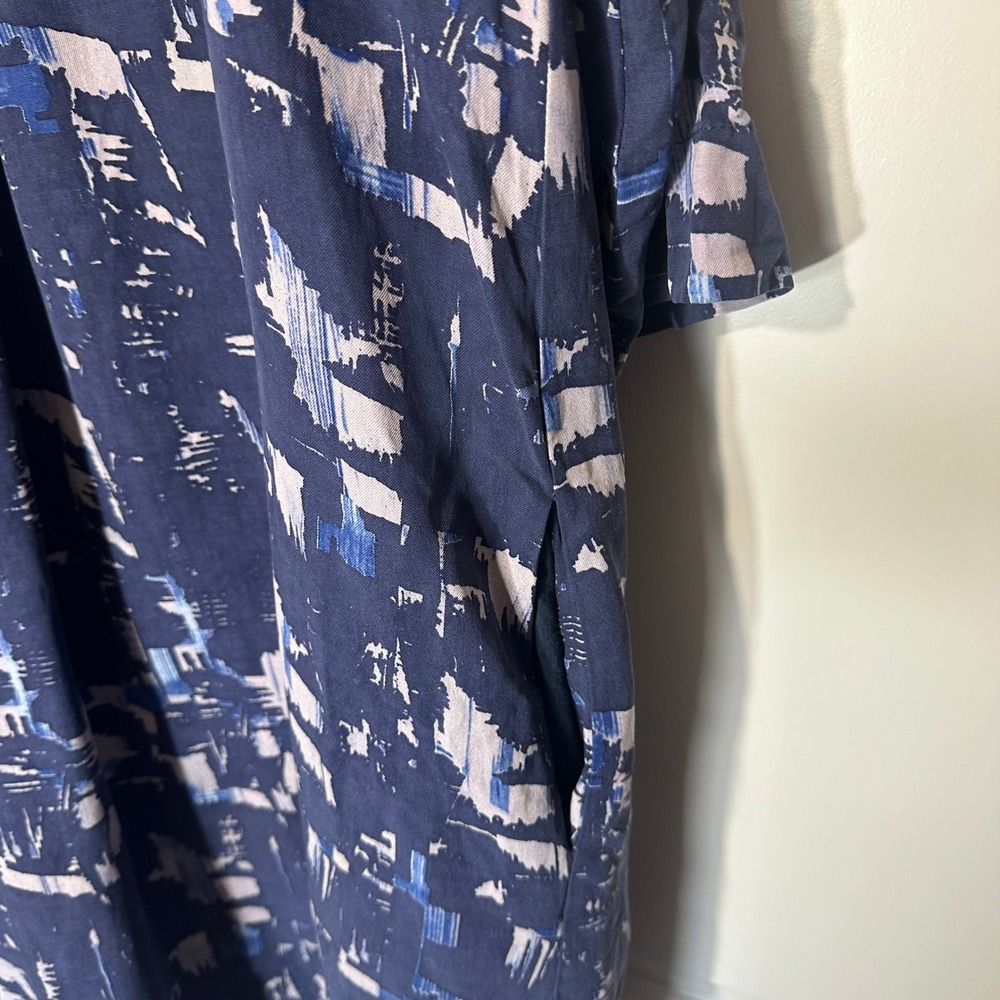 Poetry Shift Dress Womens 14 Blue Silk Linen Abstract Print V-Neck Pockets - Picture 3 of 5